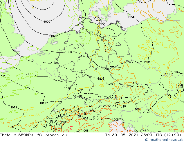 Theta-e 850hPa Arpege-eu Qui 30.05.2024 06 UTC