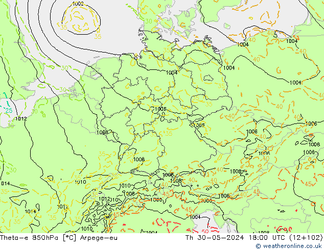 Theta-e 850hPa Arpege-eu Čt 30.05.2024 18 UTC