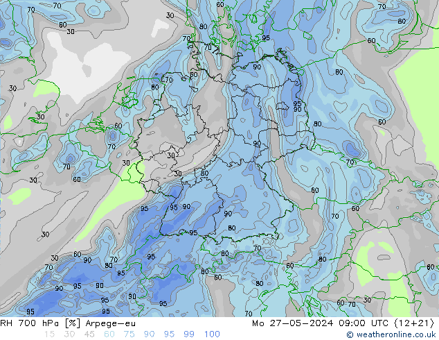 Humidité rel. 700 hPa Arpege-eu lun 27.05.2024 09 UTC