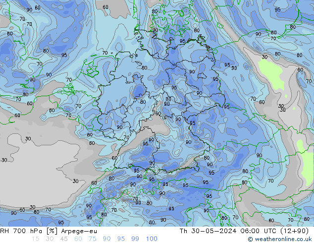 RH 700 hPa Arpege-eu Th 30.05.2024 06 UTC