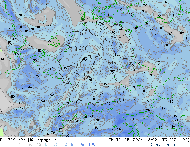 RH 700 hPa Arpege-eu gio 30.05.2024 18 UTC