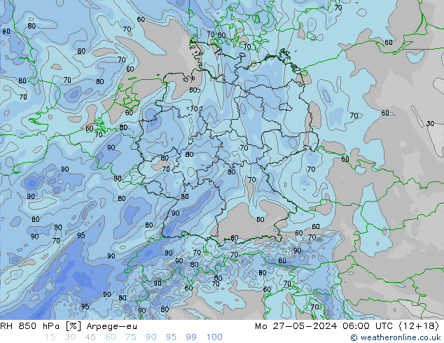 Humidité rel. 850 hPa Arpege-eu lun 27.05.2024 06 UTC