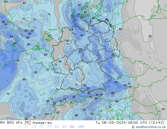 RH 850 hPa Arpege-eu Tu 28.05.2024 06 UTC