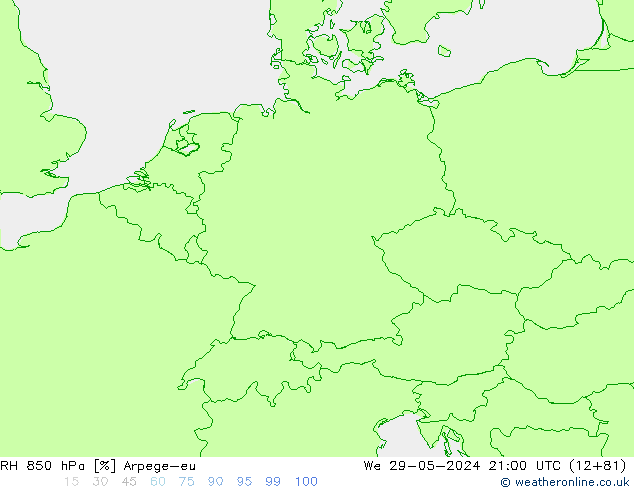 RH 850 hPa Arpege-eu mer 29.05.2024 21 UTC