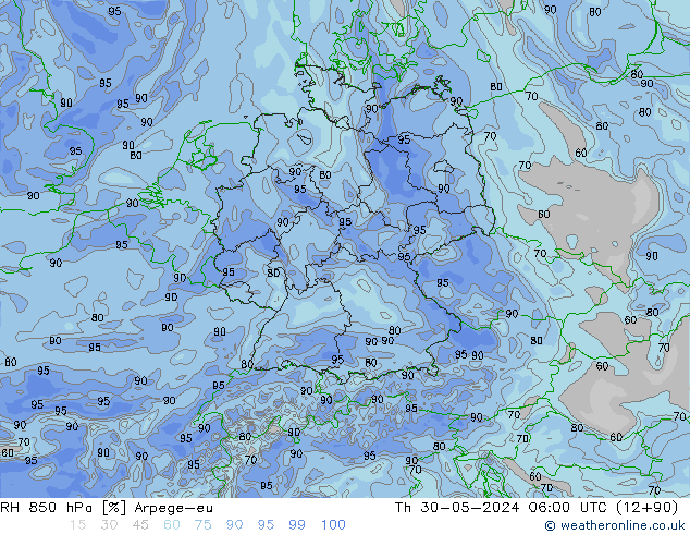 RH 850 гПа Arpege-eu чт 30.05.2024 06 UTC