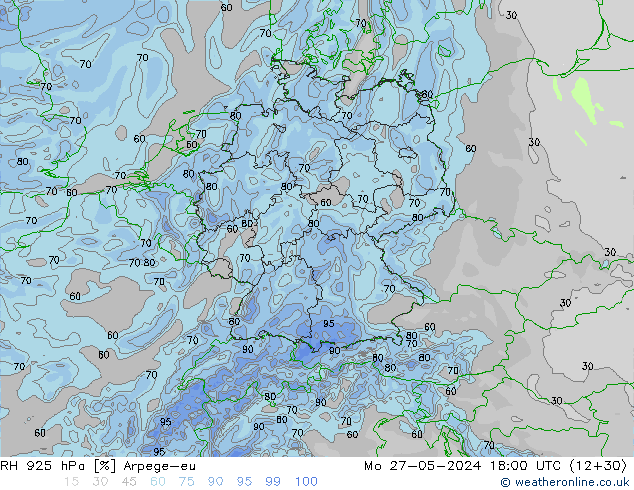 RH 925 hPa Arpege-eu Mo 27.05.2024 18 UTC