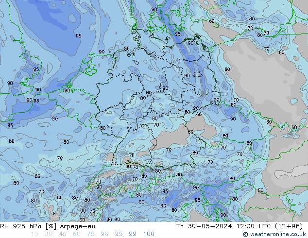 RH 925 hPa Arpege-eu Th 30.05.2024 12 UTC