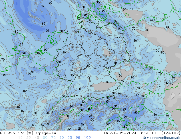 Humedad rel. 925hPa Arpege-eu jue 30.05.2024 18 UTC