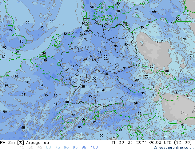 RH 2m Arpege-eu Th 30.05.2024 06 UTC