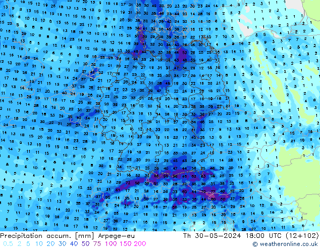 Totale neerslag Arpege-eu do 30.05.2024 18 UTC