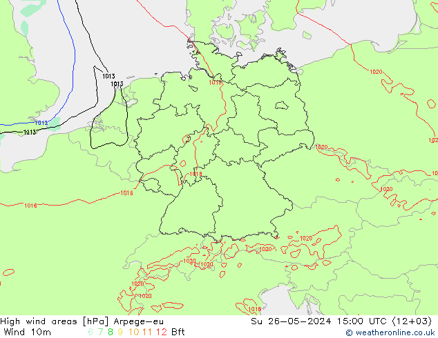 High wind areas Arpege-eu Ne 26.05.2024 15 UTC