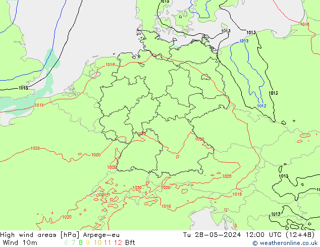 High wind areas Arpege-eu Tu 28.05.2024 12 UTC