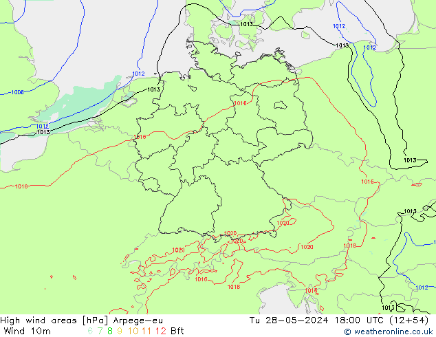 High wind areas Arpege-eu Tu 28.05.2024 18 UTC