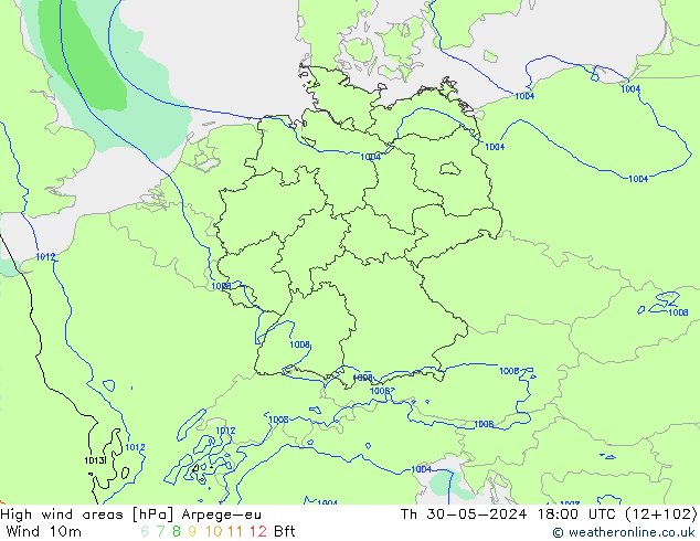 High wind areas Arpege-eu jue 30.05.2024 18 UTC
