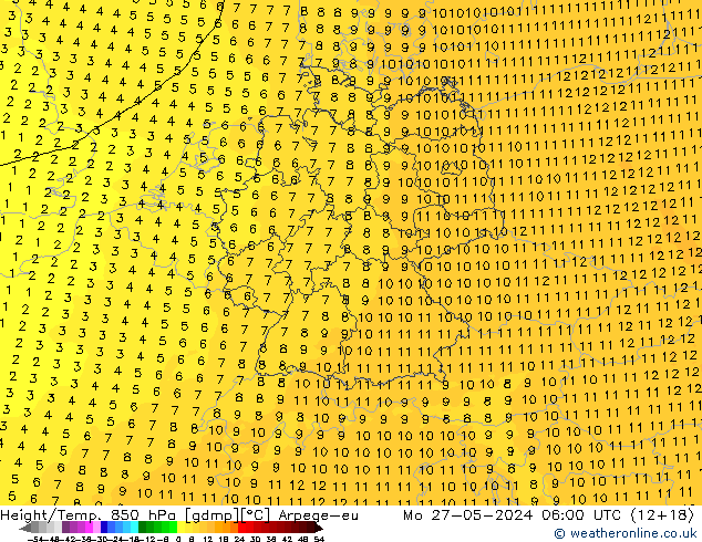 Géop./Temp. 850 hPa Arpege-eu lun 27.05.2024 06 UTC