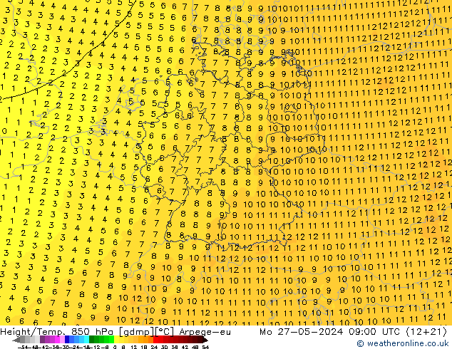 Height/Temp. 850 hPa Arpege-eu Mo 27.05.2024 09 UTC