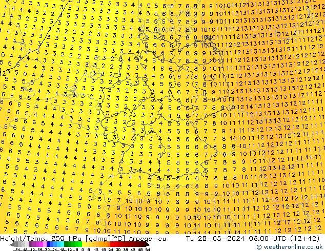 Height/Temp. 850 hPa Arpege-eu  28.05.2024 06 UTC