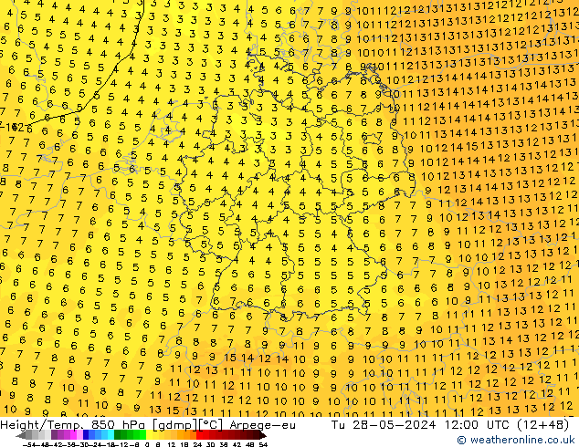 Height/Temp. 850 hPa Arpege-eu Tu 28.05.2024 12 UTC