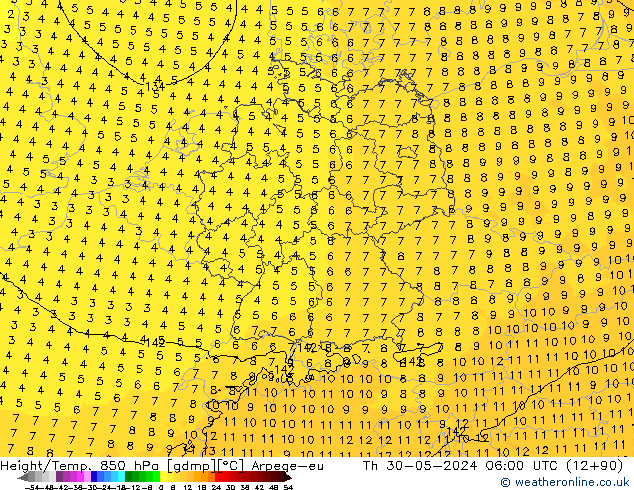 Hoogte/Temp. 850 hPa Arpege-eu do 30.05.2024 06 UTC