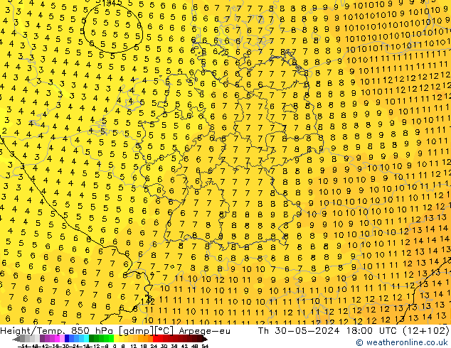 Height/Temp. 850 гПа Arpege-eu чт 30.05.2024 18 UTC