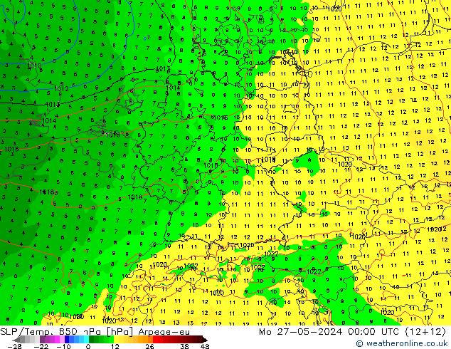 850 hPa Yer Bas./Sıc Arpege-eu Pzt 27.05.2024 00 UTC