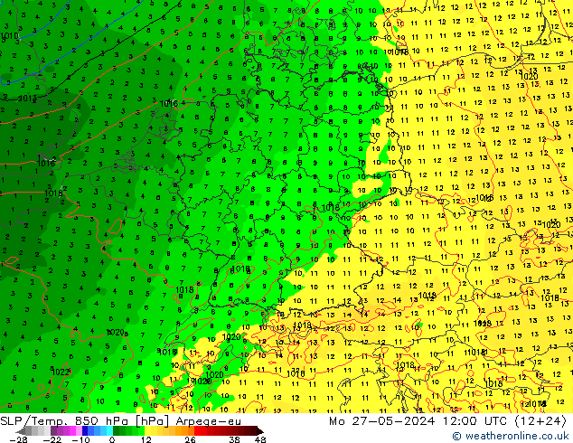 SLP/Temp. 850 hPa Arpege-eu Mo 27.05.2024 12 UTC