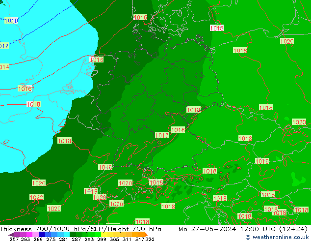 Thck 700-1000 гПа Arpege-eu пн 27.05.2024 12 UTC