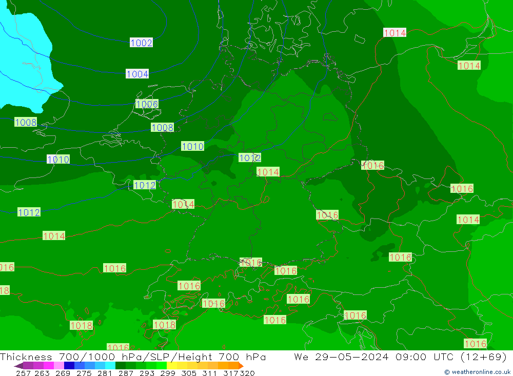 Thck 700-1000 hPa Arpege-eu Qua 29.05.2024 09 UTC