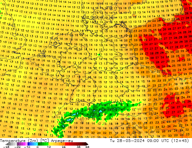 Temperatuurkaart (2m) Arpege-eu di 28.05.2024 09 UTC