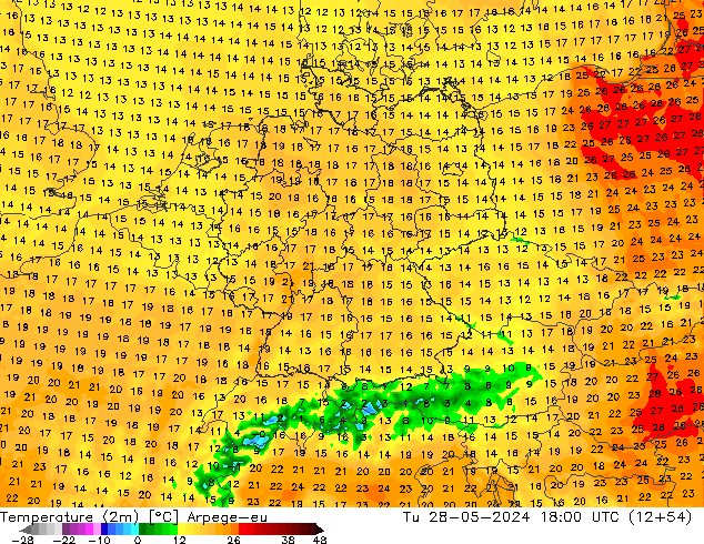 Temperatuurkaart (2m) Arpege-eu di 28.05.2024 18 UTC