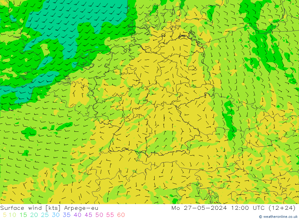 Surface wind Arpege-eu Mo 27.05.2024 12 UTC