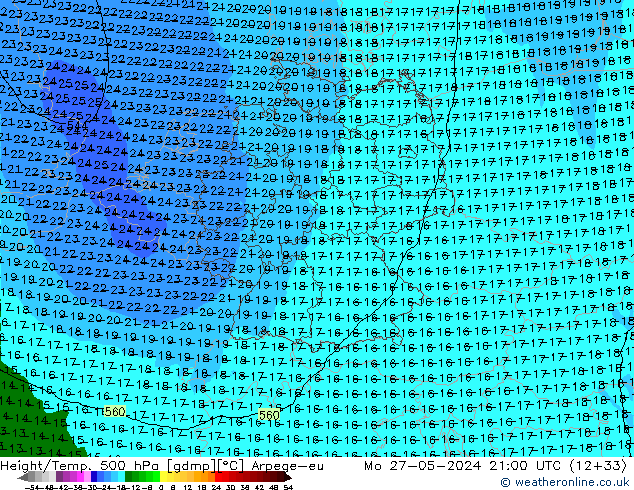 Height/Temp. 500 hPa Arpege-eu Po 27.05.2024 21 UTC