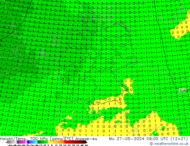 Height/Temp. 700 hPa Arpege-eu Po 27.05.2024 09 UTC