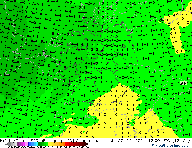 Height/Temp. 700 hPa Arpege-eu  27.05.2024 12 UTC