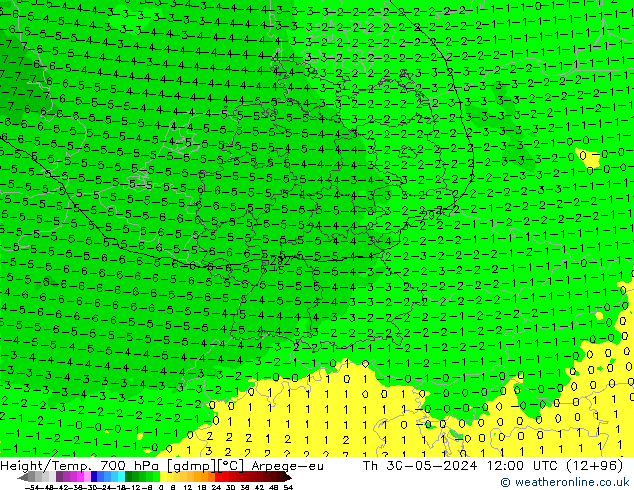 Height/Temp. 700 hPa Arpege-eu Čt 30.05.2024 12 UTC