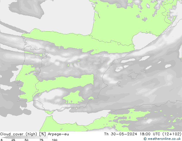 Nubes altas Arpege-eu jue 30.05.2024 18 UTC