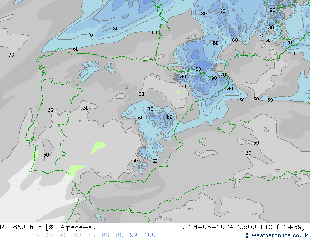Humidité rel. 850 hPa Arpege-eu mar 28.05.2024 03 UTC