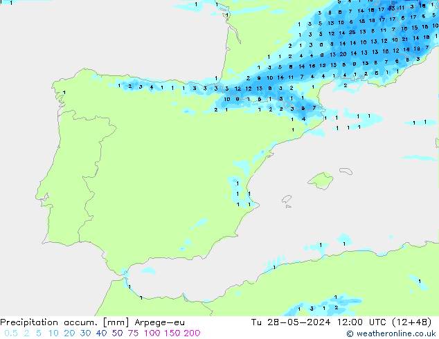 Precipitation accum. Arpege-eu wto. 28.05.2024 12 UTC