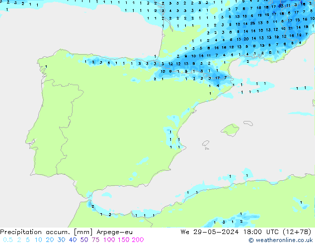 Precipitation accum. Arpege-eu śro. 29.05.2024 18 UTC