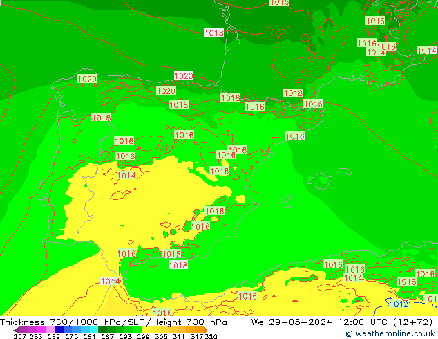 Schichtdicke 700-1000 hPa Arpege-eu Mi 29.05.2024 12 UTC