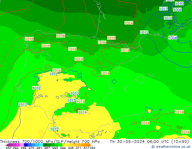 Espesor 700-1000 hPa Arpege-eu jue 30.05.2024 06 UTC