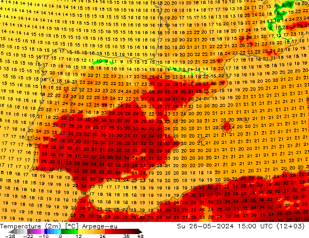 Temperatuurkaart (2m) Arpege-eu zo 26.05.2024 15 UTC