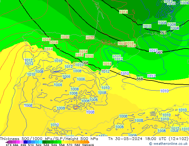 Espesor 500-1000 hPa Arpege-eu jue 30.05.2024 18 UTC