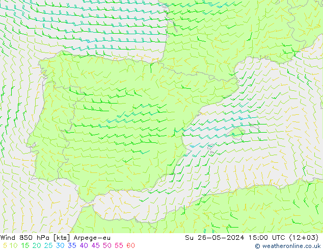 Wind 850 hPa Arpege-eu Ne 26.05.2024 15 UTC