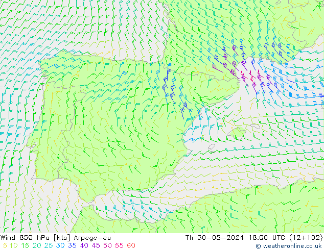 ветер 850 гПа Arpege-eu чт 30.05.2024 18 UTC