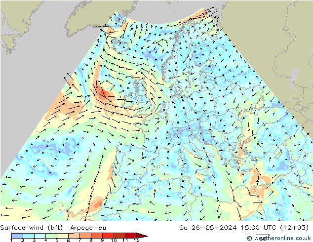 Surface wind (bft) Arpege-eu Su 26.05.2024 15 UTC