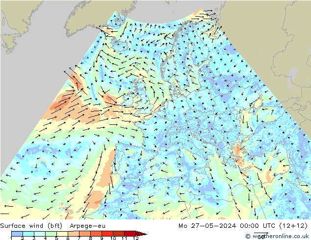 Surface wind (bft) Arpege-eu Po 27.05.2024 00 UTC