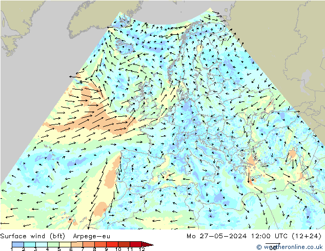 Wind 10 m (bft) Arpege-eu ma 27.05.2024 12 UTC