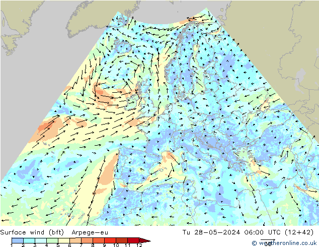 Surface wind (bft) Arpege-eu Tu 28.05.2024 06 UTC