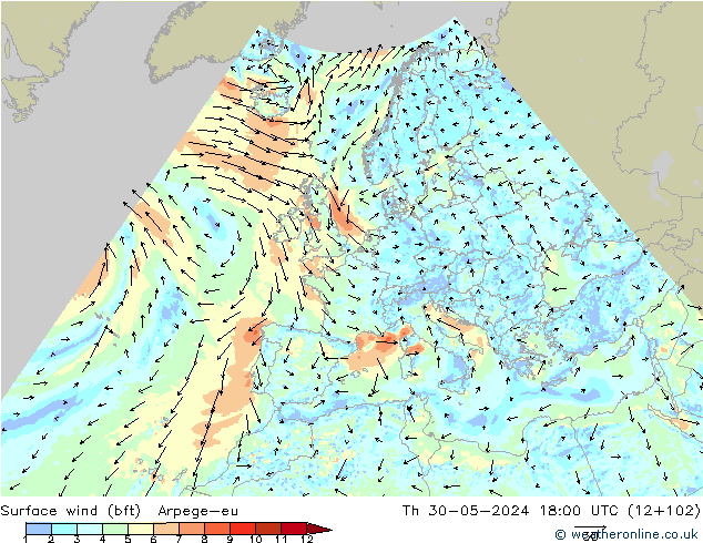 Surface wind (bft) Arpege-eu Th 30.05.2024 18 UTC